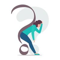Woman is bent under the question mark. Woman is dejected by problems and doubts. Vector concept illustration.