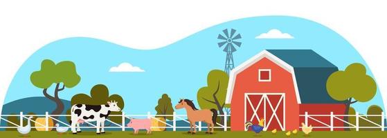 Rural farm landscape with barn and farm animals. Cow, horse, pig, chicken, duck. Vector illustration.