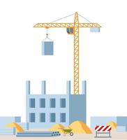 proceso de trabajo de construcción con casas y grúa torre. ilustración vectorial vector