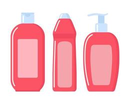 conjunto de botellas cosméticas rosas en estilo plano. jabón, champú, botellas de loción rosa. ilustración vectorial vector