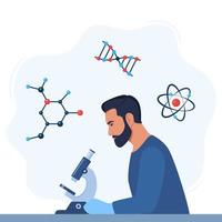 hombre científico, investigador químico con microscopio. átomo, una molécula de sustancia orgánica, un fragmento de una cadena de adn. concepto de experimento. ilustración vectorial vector