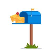 Mailbox with a raised flag, with an open door and letters inside. Blue post box with envelopes. Vector illustration.
