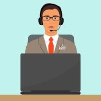 Man in a business suit, in headphones with microphone sitting at the desk with laptop computer. Webinar, video conference, video call. Vector flat illustration.