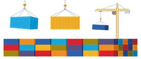 Crane lifts with cargo container. Industrial crane hook and stack of colorful cargo containers, set of elements. Freight Shipping concept. Vector illustration.