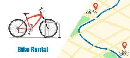 bicicleta moderna de ciudad o de montaña para el servicio de alquiler de bicicletas. mapa de la ciudad con alfileres y bicicletas. cartel de alquiler de bicicletas. Ilustración del concepto de uso compartido de bicicletas, vector. vector