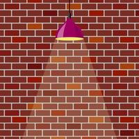 Colorful brick wall, illuminated by hanging lamp. Brick wall background. Violet ceiling lamp. Vector illustration in flat style.