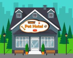 lindo edificio de dibujos animados de hotel de mascotas para perros y gatos. ilustración plana vectorial. vector