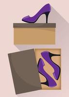 Stylish modern woman s high heel shoes in box, side view. Illustration for a shoe store. Vector flat illustration.