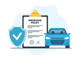 Car insurance concept. Insurance policy on clipboard and car. Document report with shield and automobile. Vector illustration.