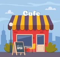 Street cafe facade with chalkboard and inscription We Are Open. Summer outdoor cafe with table and seats. Restaurant scene in flat style. Vector illustration.