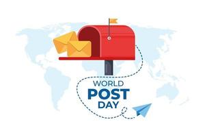 World Post Day with Flying mail paper on the world with world map background. Red post box with envelope. Vector illustration.