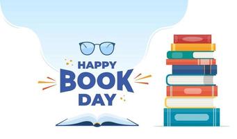 World book day. Stack of books and open book with glasses and cup. Vector illustration.
