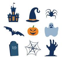 Halloween design elements. Halloween cliparts with traditional symbols, perfect for party invitation, greeting card, flyer, banner, poster. Vector illustration.