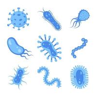 Different bacteria, pathogenic microorganisms, set. Bacteria and germs, microorganisms disease-causing, bacteria, bacteria, viruses, fungi, protozoa, probiotic. Vector illustration.