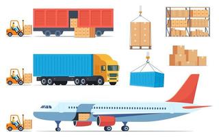 Loading boxes with goods into different types of cargo transport. Cargo plane, train, truck and forklift loads cargo into them. Cargo and delivery, set of elements, vector illustration.