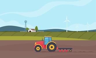 Tractor plowing the field. Rural farm landscape with green fields on background. Agriculture concept. Farm Machine. Side view of modern tractor with plow. Vector illustration.