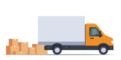 Lorry and pile of boxes. Transportation of goods and construction materials, heavy volume and weight, delivery when ordering goods, movement. Cargo Truck. Vector illustration.