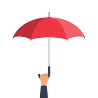 Human hand holding open red umbrella. Flat style vector illustration.