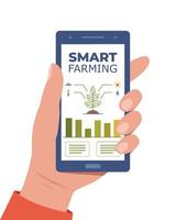 Smart farming, futuristic technologies in farm industry. Smartphone with app for control plants growing, agricultural automation. Vector illustration.
