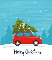 Cute red retro car with christmas tree on the roof. Merry christmas and happy new year greeting card, postcard, poster, banner, invitation design. Merry Christmas. Happy New Year. Vector illustration.