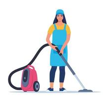 Woman dressed in a uniform with a vacuum cleaner. Worker of cleaning service. Vector illustration in a flat style.