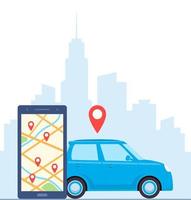 Smartphone with route and points location on city map on the urban landscape background. Online car sharing service with smartphone app. Phone with location marks and car. Vector concept illustration.