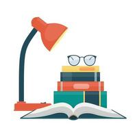 Table lamp, different books, glasses. Love reading concept. Vector illustration in flat style.