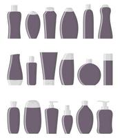 conjunto de botellas cosméticas planas de color púrpura oscuro. crema, champú, gel, spray, tubo y jabón. cuidado de la piel y el cuerpo, aseos. productos de belleza y limpieza. ilustración vectorial en estilo plano vector