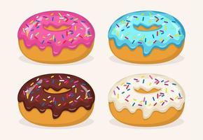 Donuts with different color frosting, set. Side view donuts in glaze, with sprinkles, for cafe menu design, cafe decoration, discount voucher, flyer, advertising poster. Vector illustration.