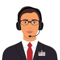 Man in a business suit, in headphones with microphone and name tag badge. Operator of call center office at work. Webinar, video conference, video call. Vector flat illustration.