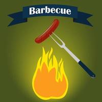 Barbecue party invitation card design template. Fire, sausage, fork. Vector illustration, flat style.