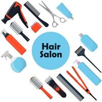 Hair salon concept. Tools and cosmetic products for hair care. Professional hairdressing tools. A set of elements for a beauty salon. Vector illustration in flat style.