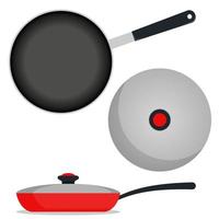 Frying pan with lid, top view and side view. Vector illustration.