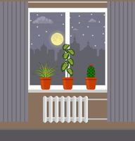 Big window with curtain and plants in pots on the windowsill. Night city, moon, clouds and stars outside the window. Vector illustration in flat style.