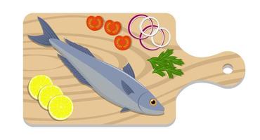 Fish on a cutting board with lemon slices, onion, tomato, parsley herb. Cooking of salmon. Vector flat illustration.