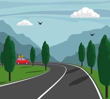 Trip in mountains. Cute small car rides on mountain road. Vector illustration.