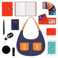 Woman s handbag and contents. Diary, wallet, bank cards, pen, smartphone, passport, car keys, lipstick, powder. Vector illustration.