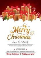 Merry christmas party with glass ball and giftbox for flyer brochure background invitation theme concept. Happy holiday greeting banner and card template. vector