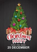 Merry christmas party with tree and gift box for flyer brochure design on wood background invitation theme concept. Happy holiday greeting banner and card template. vector