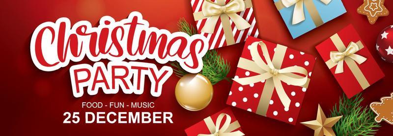 Merry christmas party glass ball and gift box for flyer brochure design on red background invitation theme concept. Happy holiday greeting banner and card template.