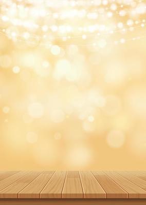 Bokeh gold glitter with wood for product on abstract christmas background.