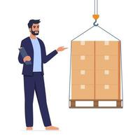 Inventory Manager Man Character directs the movement of Goods Lying in Carton Boxes in Warehouse. Storehouse Distribution Concept. Post Office, Store, Stock Production Assortment. Vector Illustration.