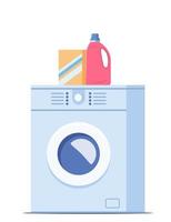 Washing machine with linen in it and cleaning products, washing powder and fabric softener gel, conditioner. Clothing wash vector concept illustration.