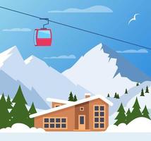 Ski resort. Winter mountain landscape with lodge, ski lift. Winter sports vacation banner. Vector illustration.