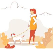 Line art woman character walking with cute dog. Girl walking in autumn park with her dog. Vector illustration in a flat style.