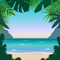 fondo de verano con mar, arena, palmeras, montañas y lugar para tu texto. bueno para folletos, folletos, afiches. ilustración colorida vectorial en estilo plano. vector