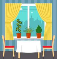 ventana grande con cortina y plantas en macetas en el alféizar de la ventana, mesa con mantel blanco y dos sillas en primer plano. ciudad fuera de la ventana. ilustración vectorial en estilo plano. vector