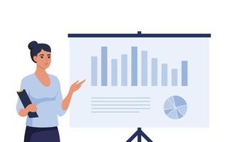 Female speaker pointing at presentation on white board during business seminar. Office worker showing report at whiteboard with pointer. Vector illustration.