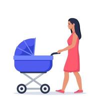 Mom wheeling stroller. Woman walking with baby carriage. Outdoor activity. Vector flat illustration.