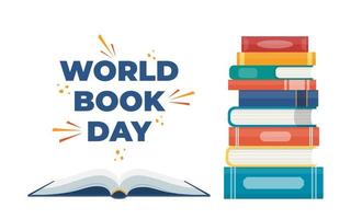 World book day. Stack of books and open book with glasses and cup. Designed to greeting or celebrate Book Day. Vector illustration.